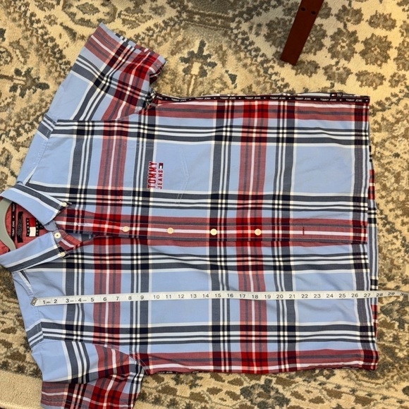 1990’s TOMMY JEANS RED & BLUE PLAID SS MED LOGO BUTTONED DOWN - Picture 12 of 14